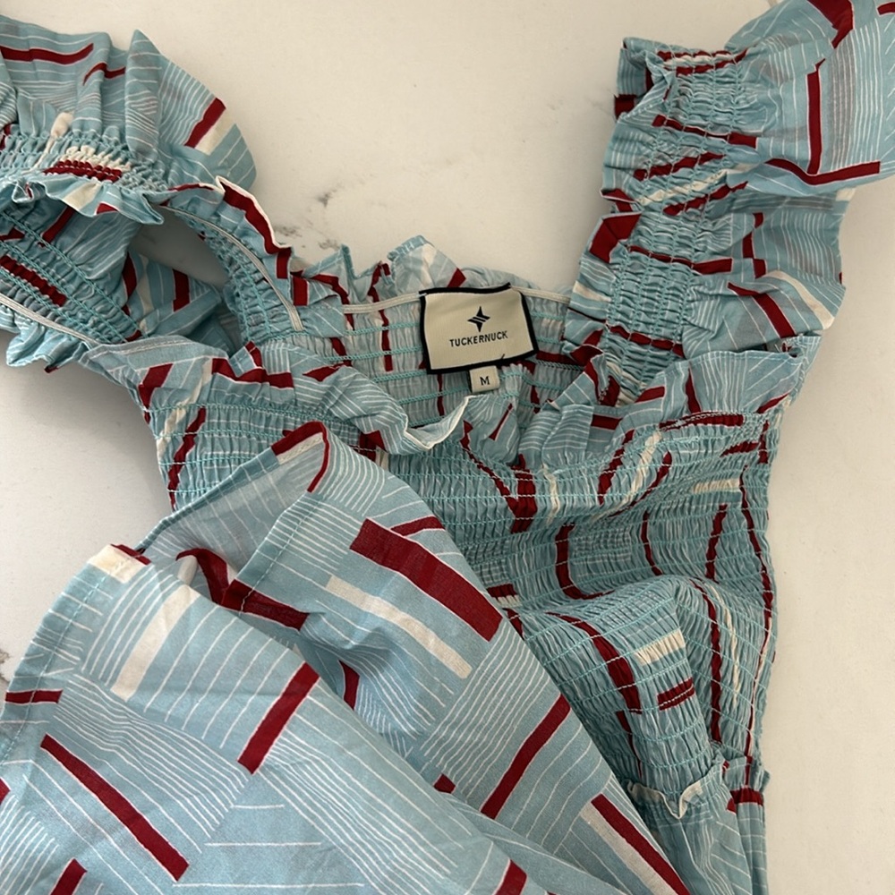 Tuckernuck Flutter Smocked Ruffle Maxi Dress Blue Red Color womens Size Medium - Picture 11 of 13